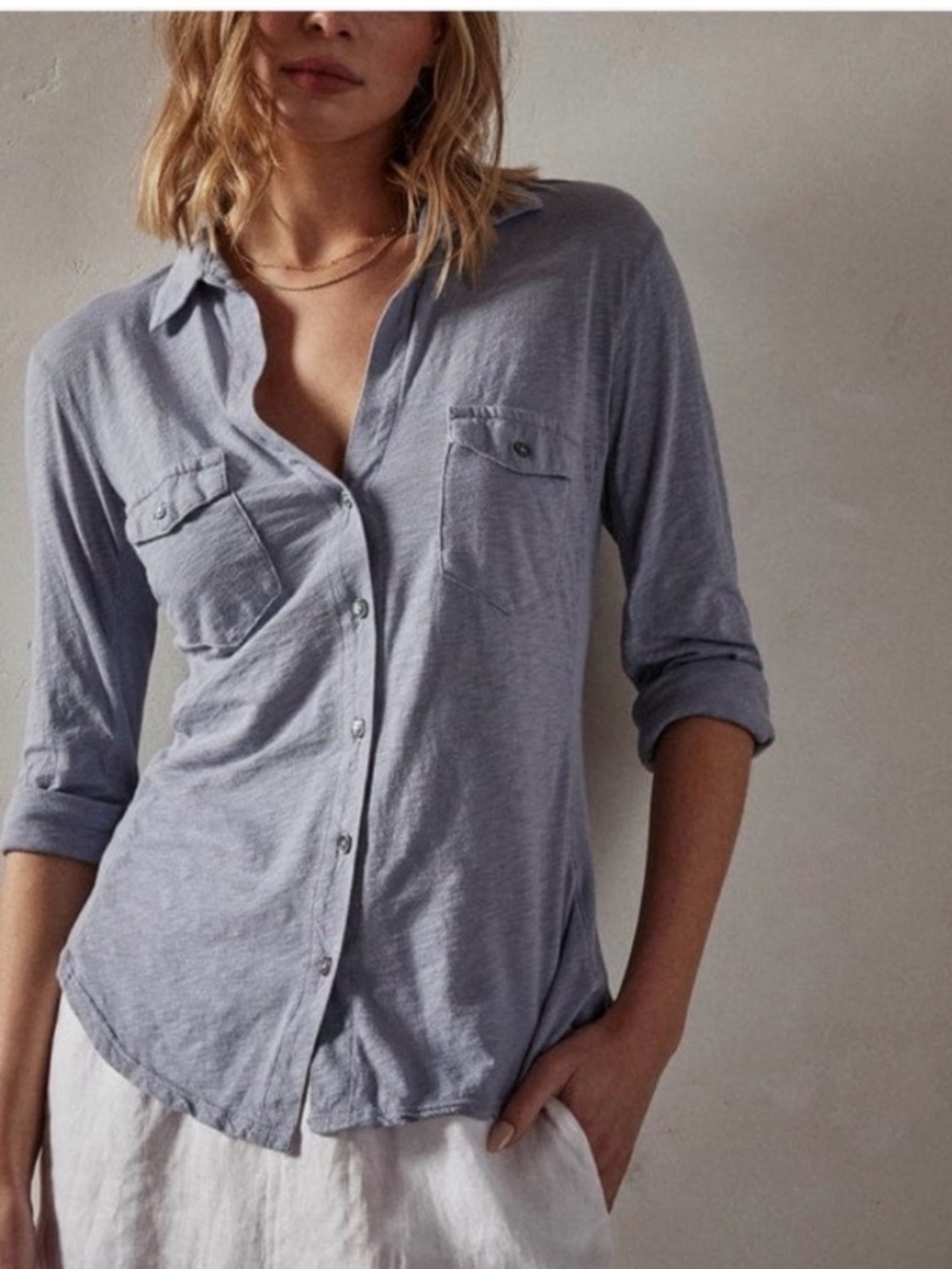 James Perse Contrast Panel Button Down Shirt Slub Knit Gray Women Size 4 (XL)